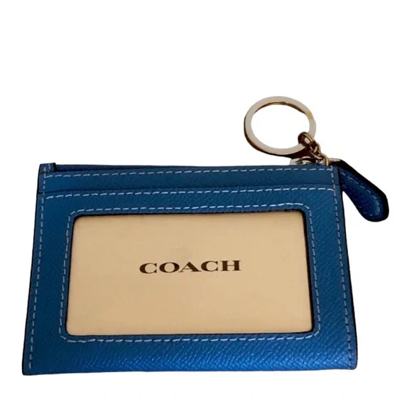 New Coach Crossgrain Leather Mini ID Cardholder Electric Blue with Keyring - Picture 2 of 12
